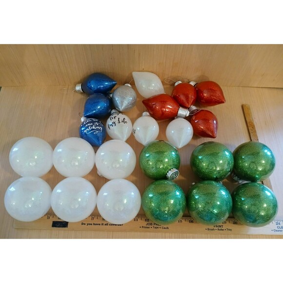 Christmas Lightbulb Shape & Round Ornaments Set of 24 Large Plastic with Glitter - Picture 3 of 11